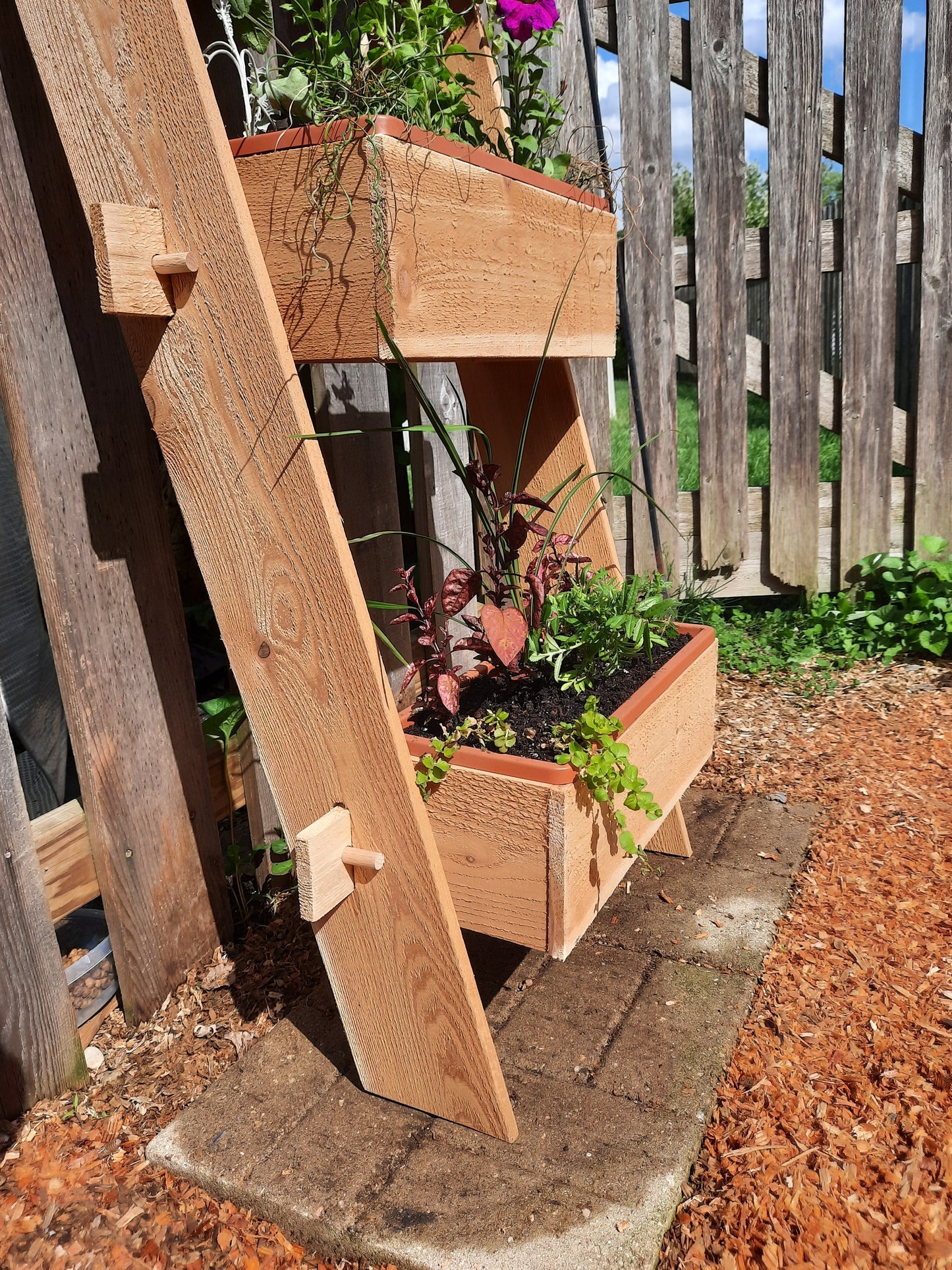 2 Tier Vertical Garden Leaning Ladder Planter Boxes for Outdoor Patios, Balconies, Porches, Decks and More.